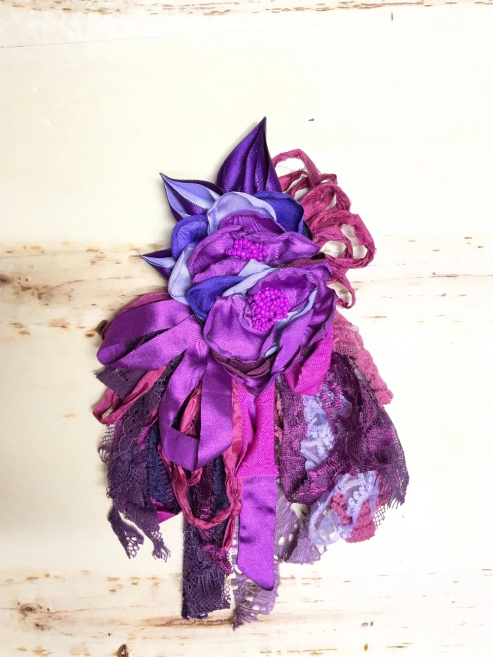 Corsage-Brooch-Frou Frou- Bow- upcycled flower pin